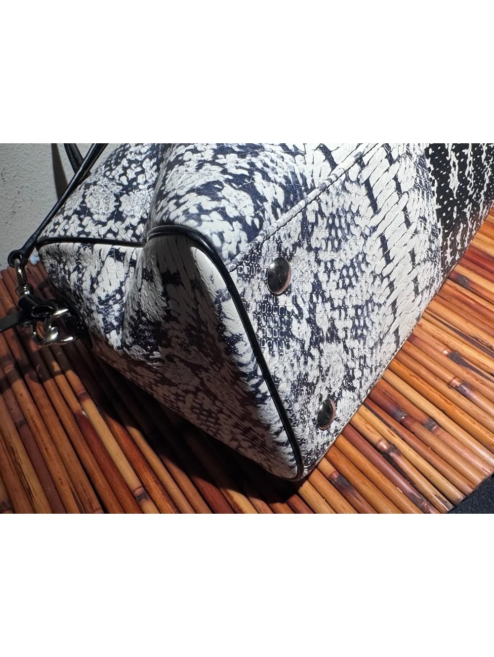 Coach Nancy Satchel 2014 Python Embossed Cowhide Leather Black White Patent